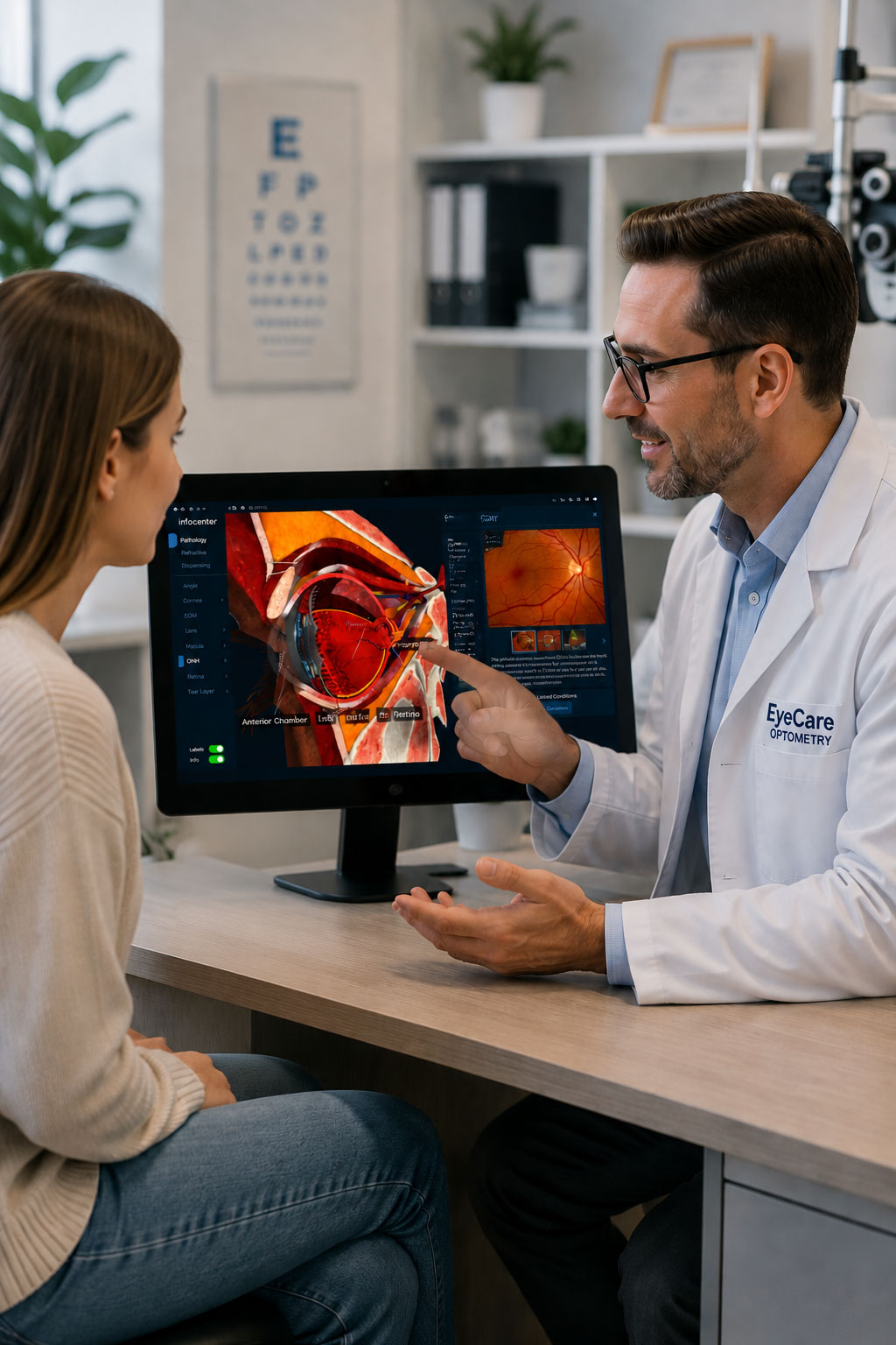 Optometrist using EyeVaultEHR explaining eye health recommendations to a patient