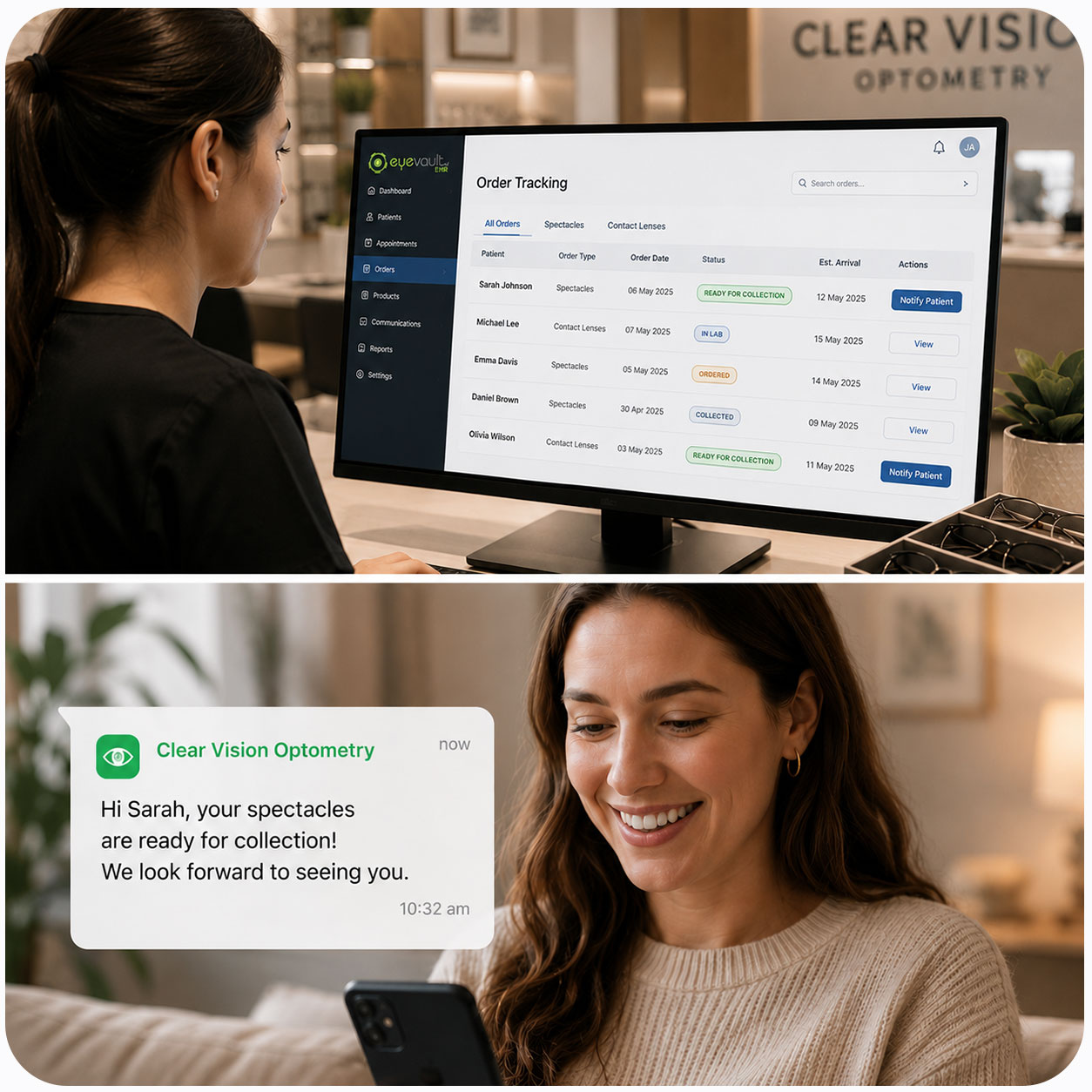 NevadaCloud - Order tracking at a practice showing how staff can using the EyeVaultEHR dashboard to track orders and let patient know once their product has arrived